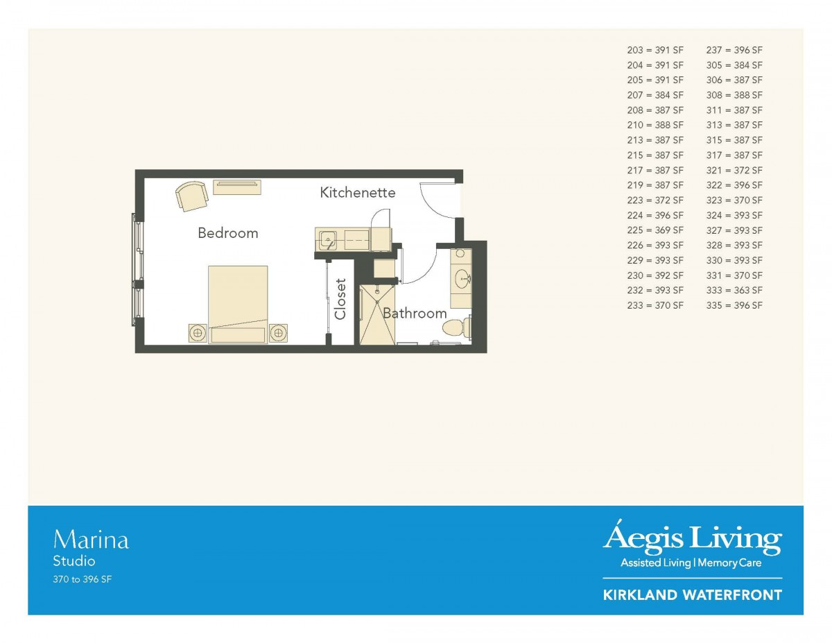 A studio apartment floor plan with a bedroom, living area, kitchenette, and bathroom.