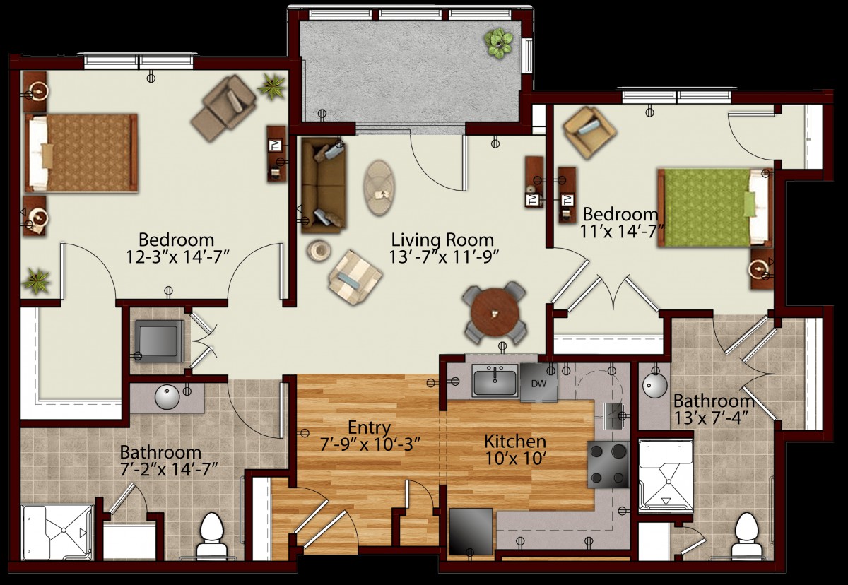 A detailed floor plan of a two-bedroom apartment featuring a living room, kitchen, bathroom, and balcony.