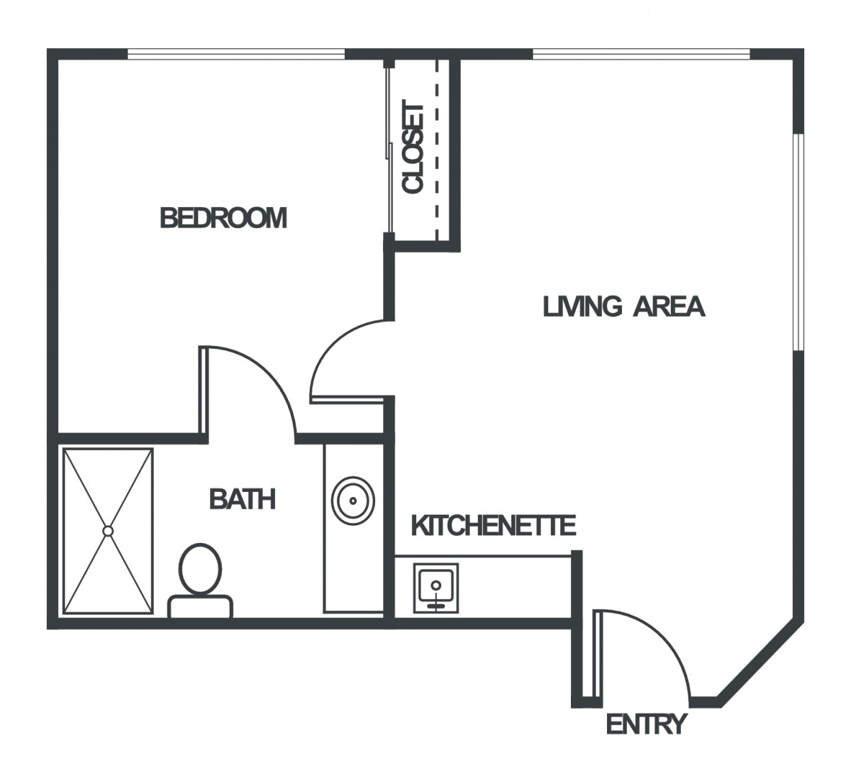 A floor plan of a studio apartment with designated areas for bedroom, bathroom, kitchenette, and living area.