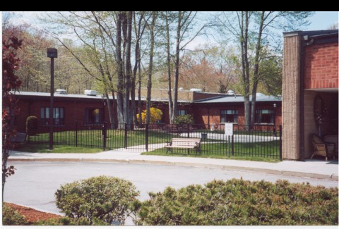 A view of a single-story brick building surrounded by trees and a fence, with bushes lining the driveway.