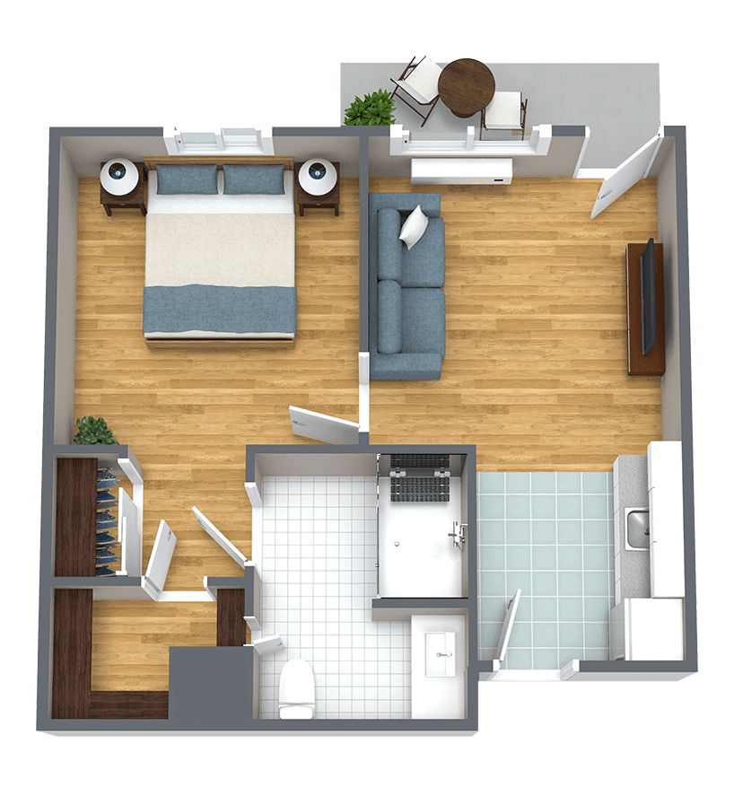 A 3D floor plan of a one-bedroom apartment, showcasing a living area, kitchen, bathroom, and bedroom with furniture layout.