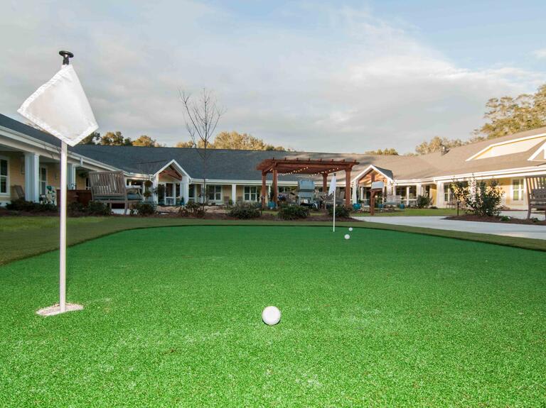 A well-maintained putting green located in a residential area.