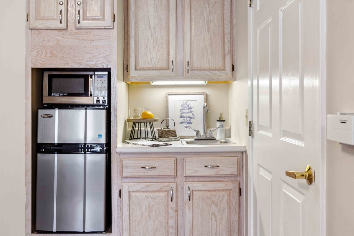 A small kitchen area with wooden cabinets, a mini fridge, and countertop appliances.