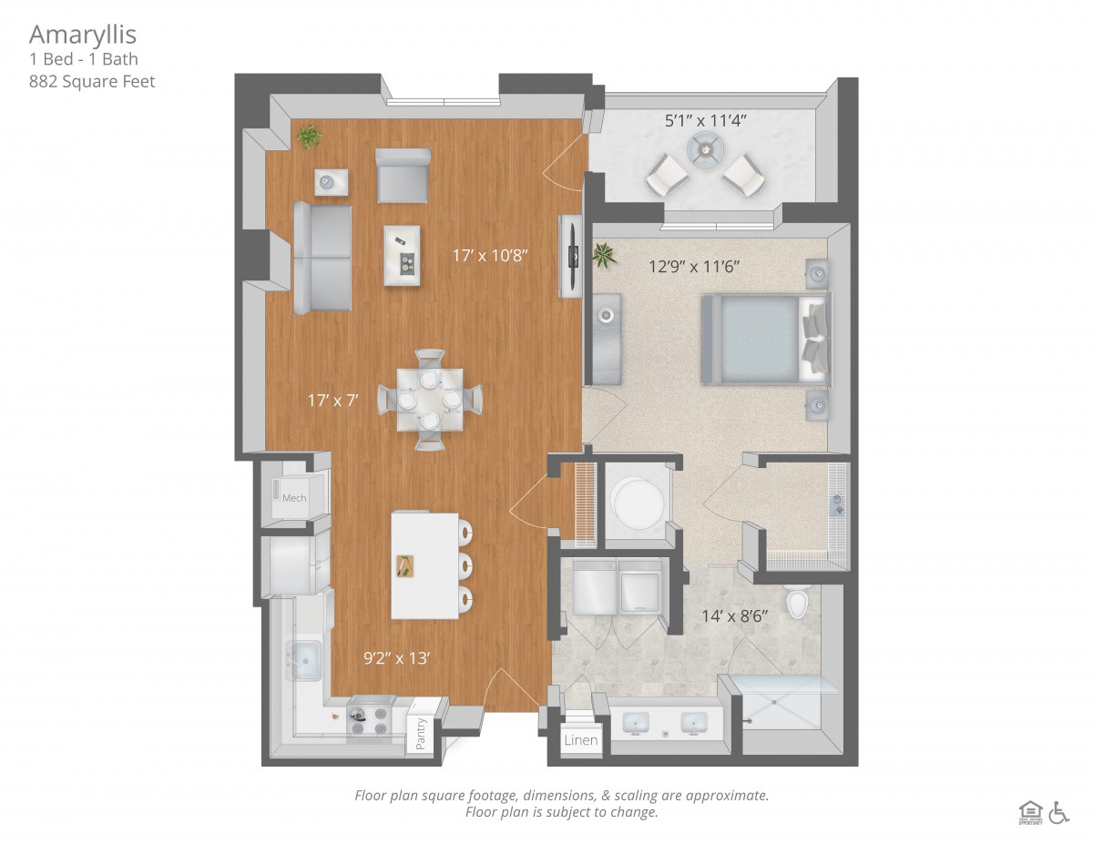 A modern apartment floor plan featuring two bedrooms, a living area, and a kitchen.