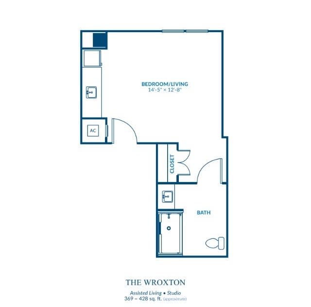 The Wheaton studio apartment floor plan.