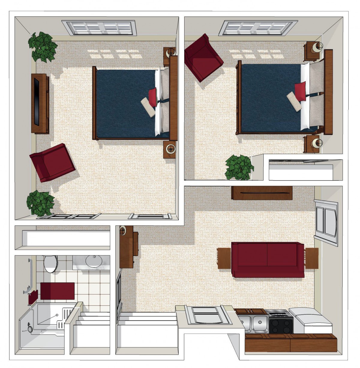 A floor plan of a two-bedroom apartment with a kitchen and bathroom.