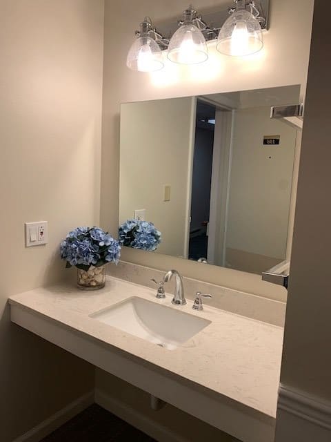 A clean and modern bathroom vanity with a sink, mirror, and blue flower arrangement.