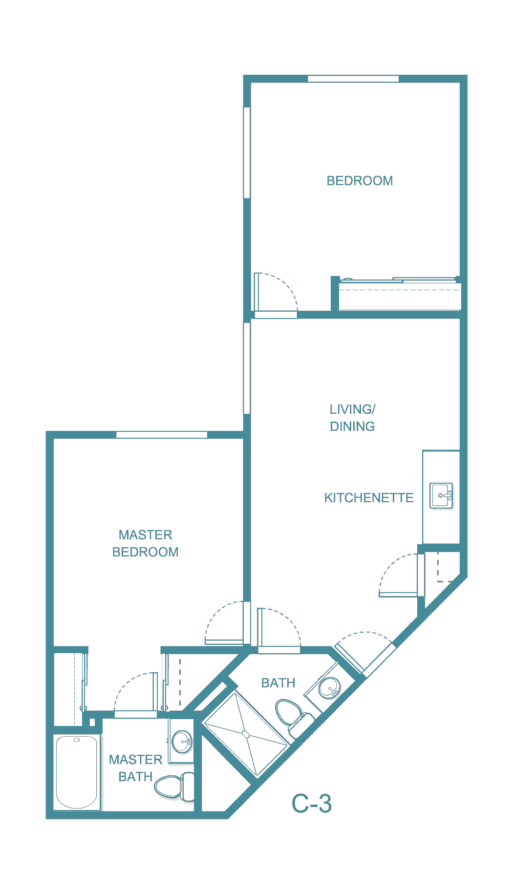 A floor plan of an apartment featuring a master bedroom, kitchenette, and living/dining area.