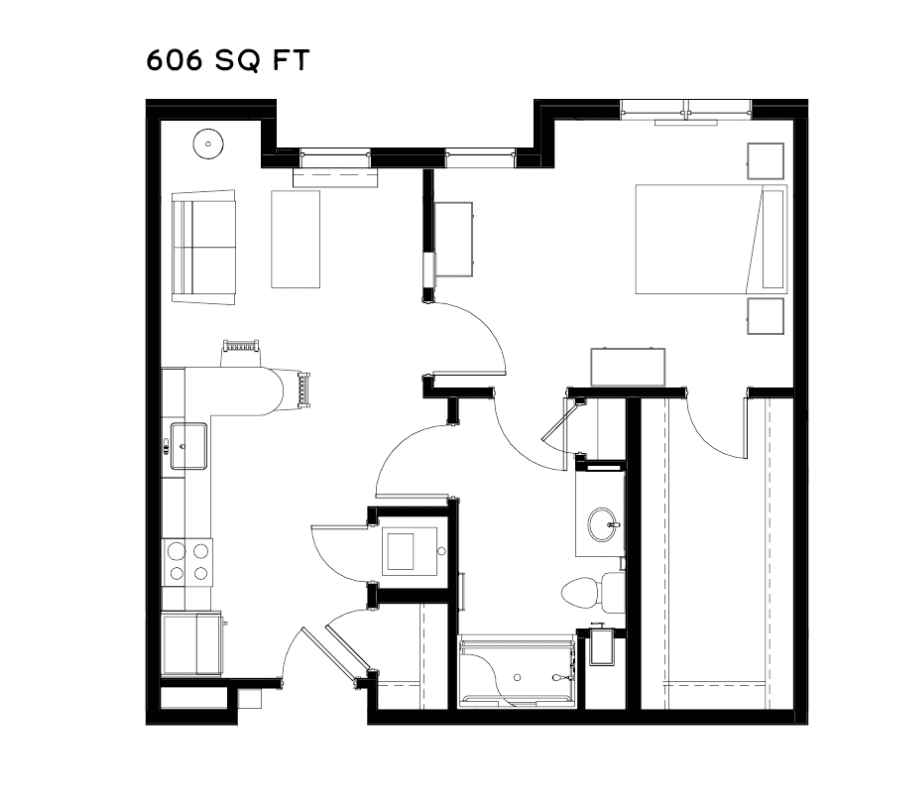 604 square foot apartment floor plan with one bedroom and a living area.