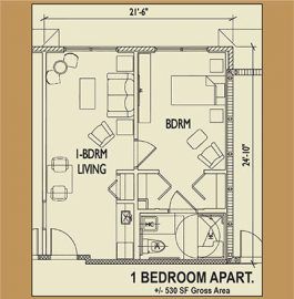 Floor plan of a one-bedroom apartment with living area and bathroom.