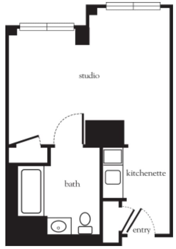 A floor plan of a studio apartment featuring a bath and kitchenette.