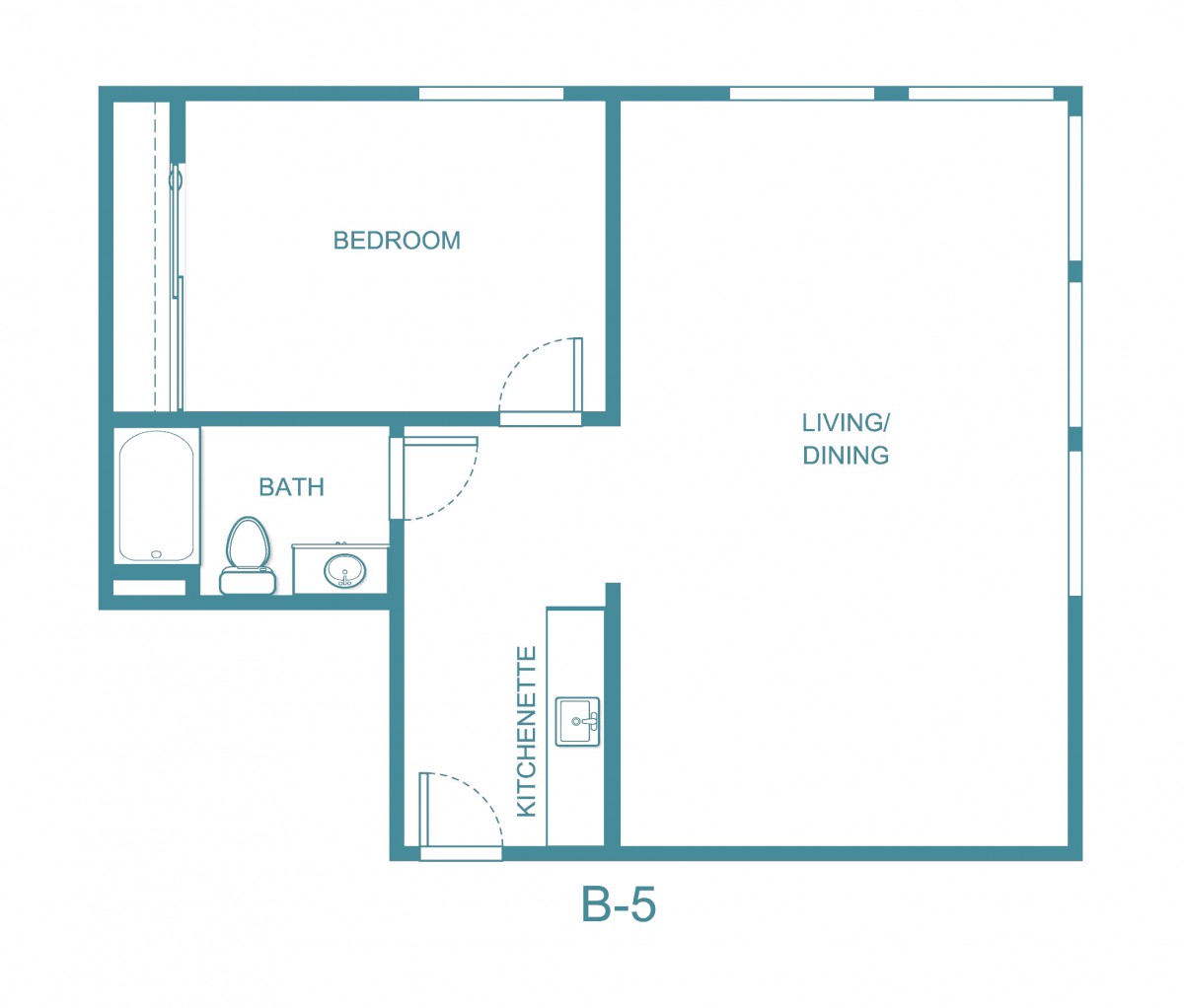 A simple floor plan showing a one-bedroom apartment with a living/dining area and bathroom.