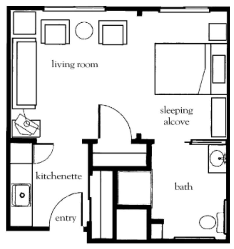 A floor plan of a studio apartment featuring a living room, kitchenette, sleeping alcove, and bathroom.