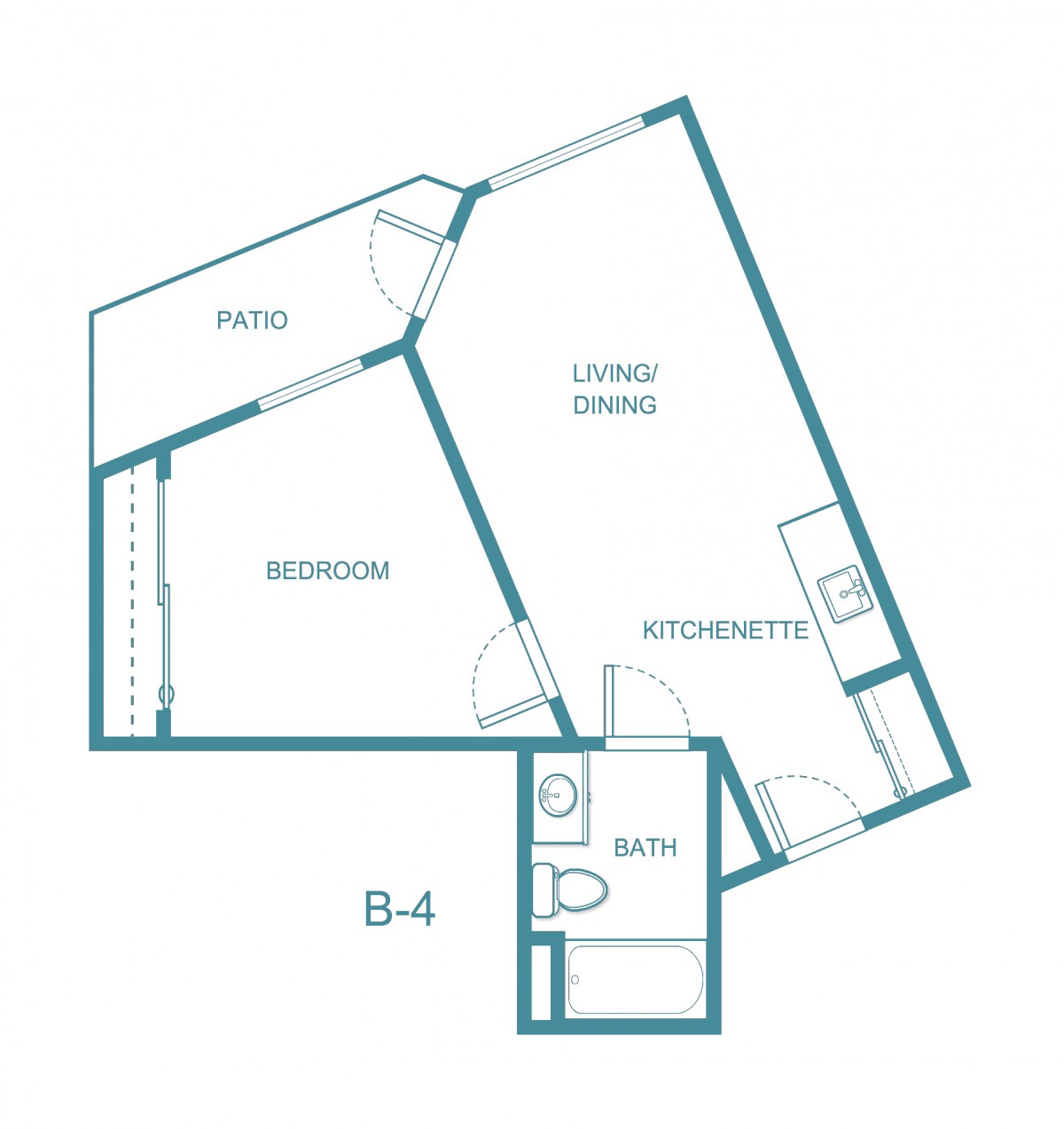 A floor plan of a one-bedroom apartment with living/dining area, kitchenette, and bathroom.