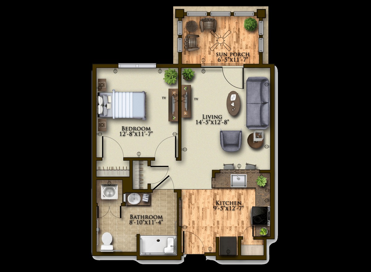 A detailed floor plan of a one-bedroom apartment showing the living room, kitchen, bathroom, and bedroom.