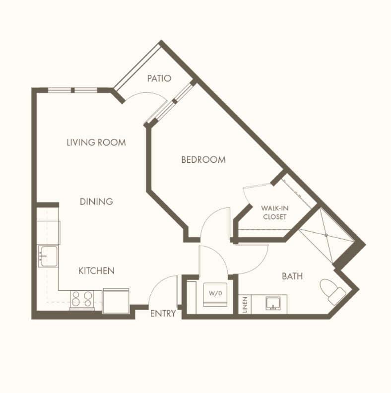 A floor plan depicting the layout of an apartment, showcasing areas such as a bedroom, living room, kitchen, and bathroom.