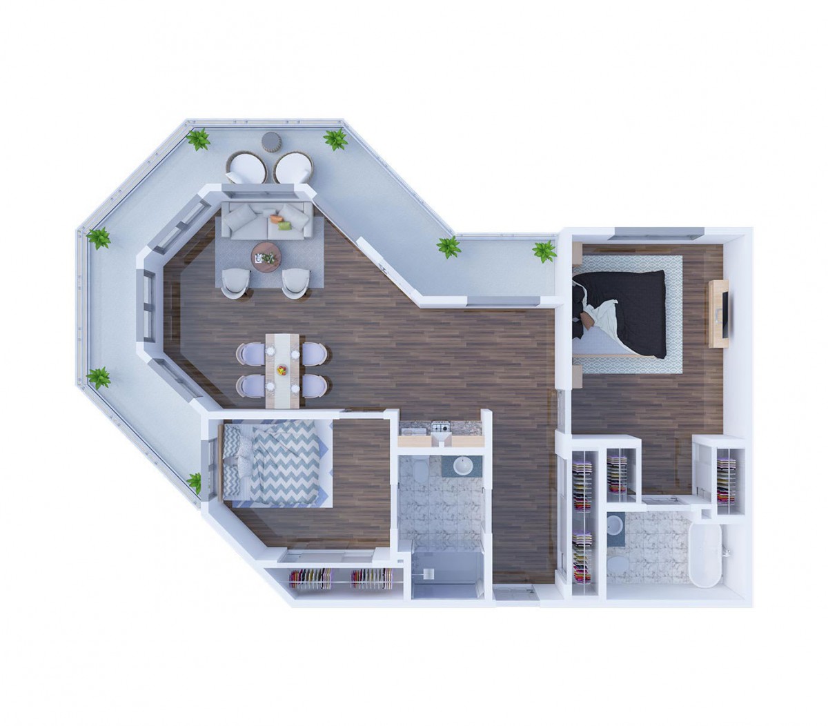 A modern apartment floor plan with a spacious living area and dining space.