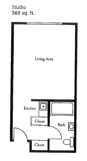 Studio apartment floor plan with a living area, kitchen, closet, and bathroom.