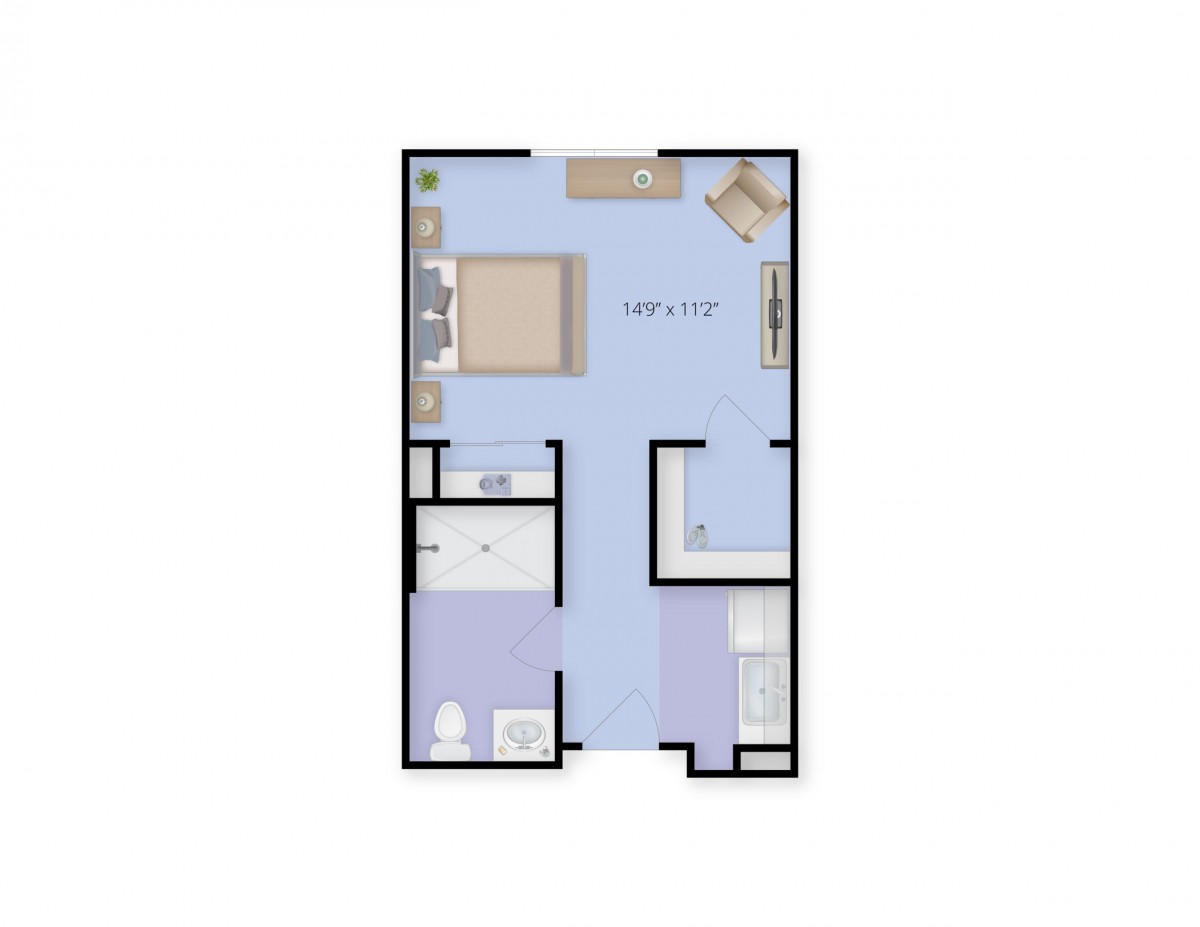A floor plan of a small apartment featuring one bedroom, a bathroom, a living area, and a kitchen.
