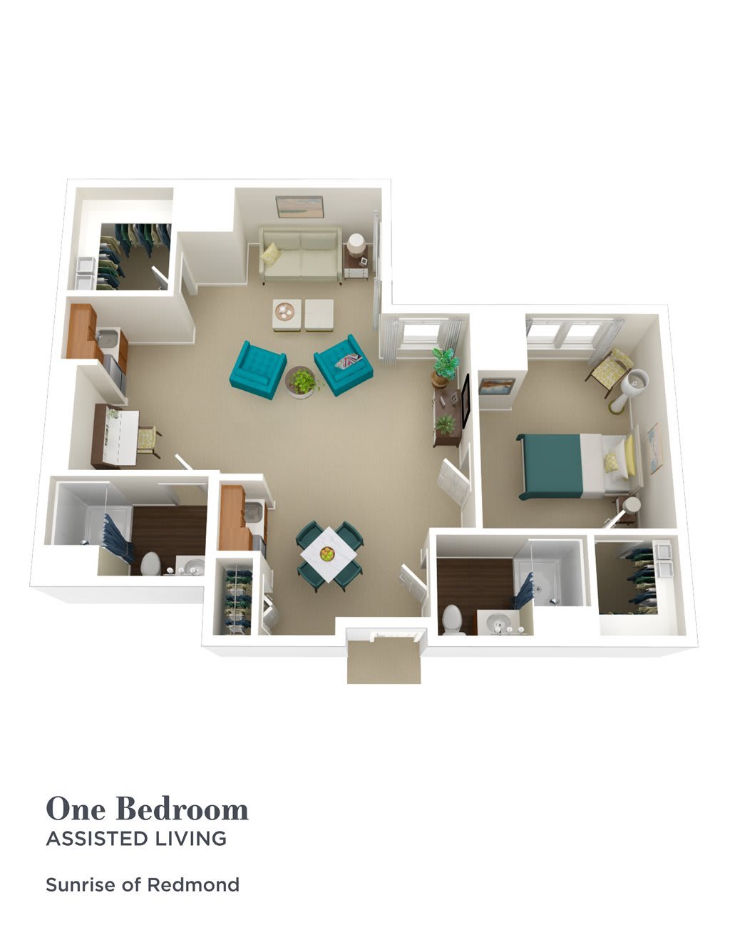 A 3D floor plan of a one-bedroom apartment showcasing the layout and furniture arrangement.