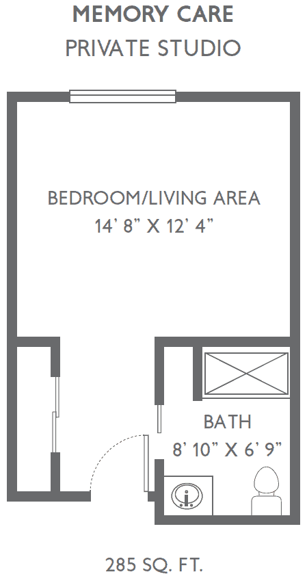 A floor plan of a studio apartment featuring a bedroom/living area and a bathroom.