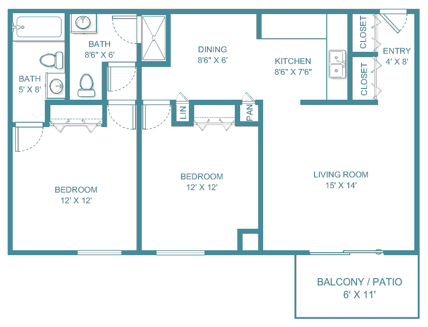 Apartment floor plan with two bedrooms, kitchen, living room, and balcony.