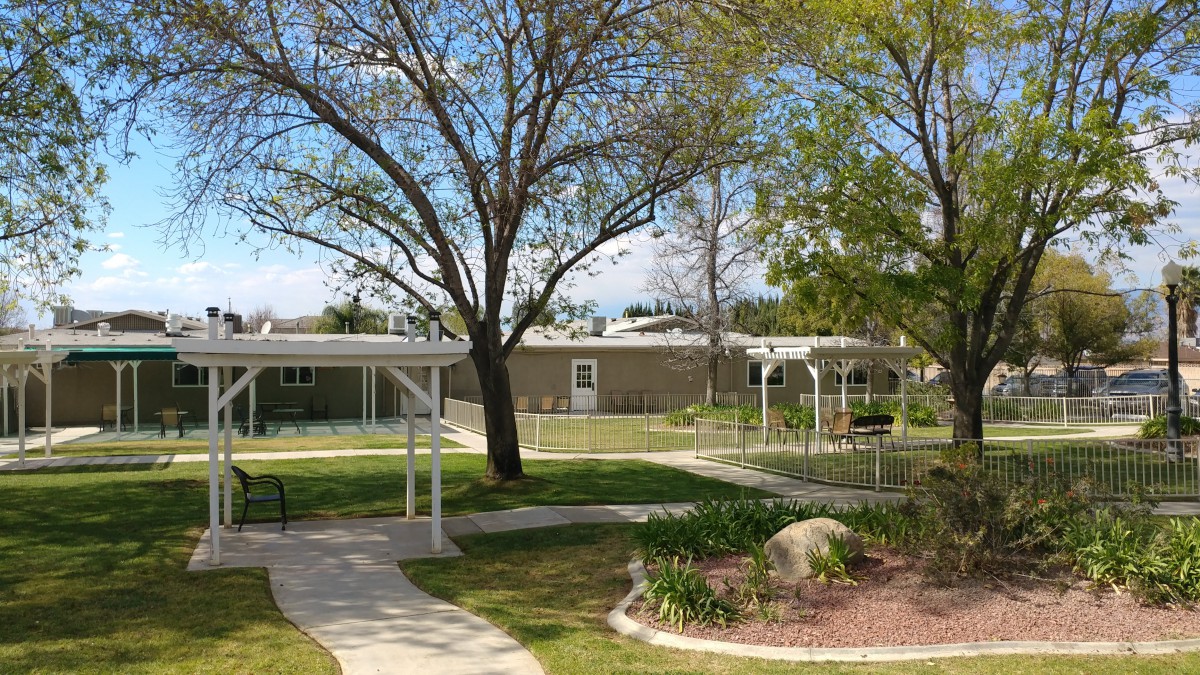 A serene park with winding pathways and lush greenery.