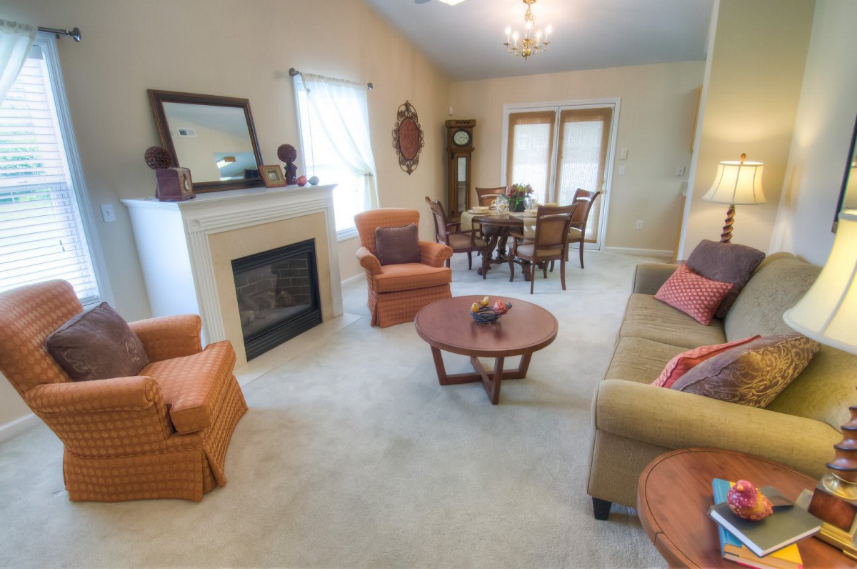 Cozy living room with a fireplace and elegant furniture arrangement.