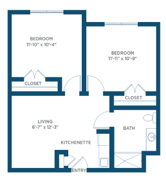 A floor plan of a two-bedroom apartment featuring a living area, kitchenette, bathroom, and two closets.