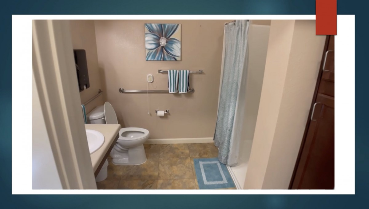 A small bathroom with a toilet, sink, shower, and blue-themed decor.