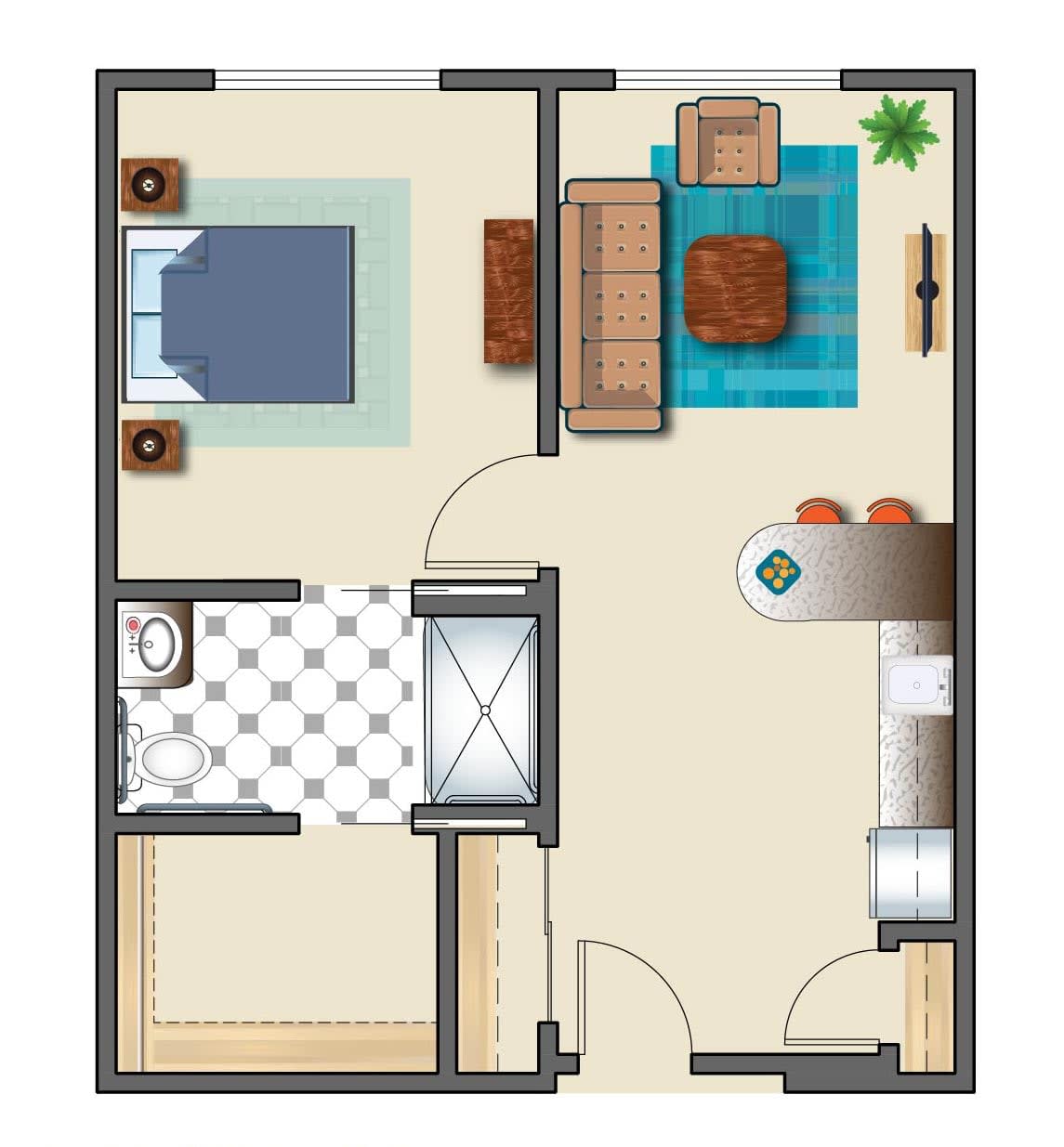 A compact apartment floor plan featuring a bedroom, bathroom, and living area with furniture.