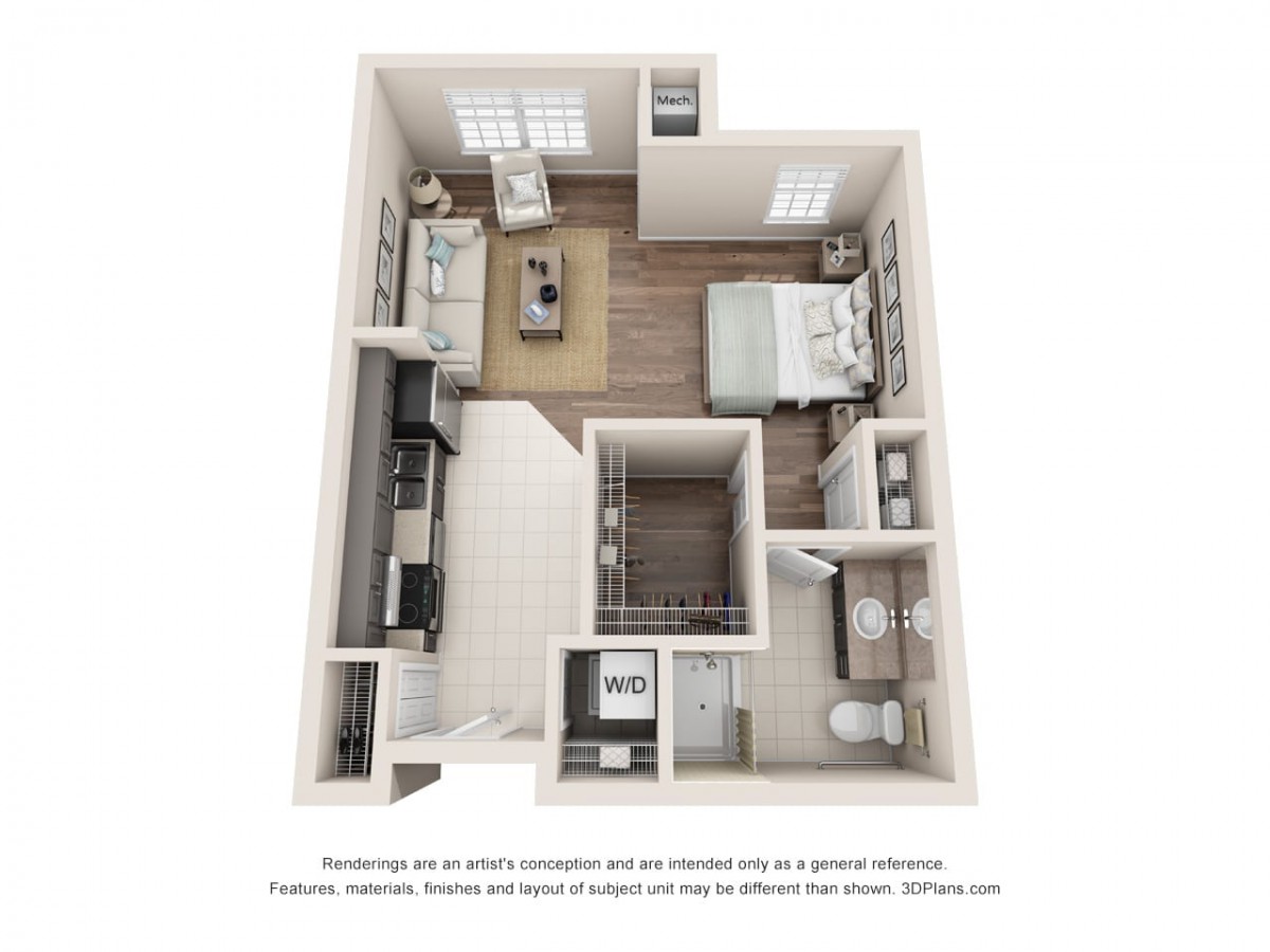 A 3D floor plan of a one-bedroom apartment featuring a kitchen, living room, bedroom, and bathroom.