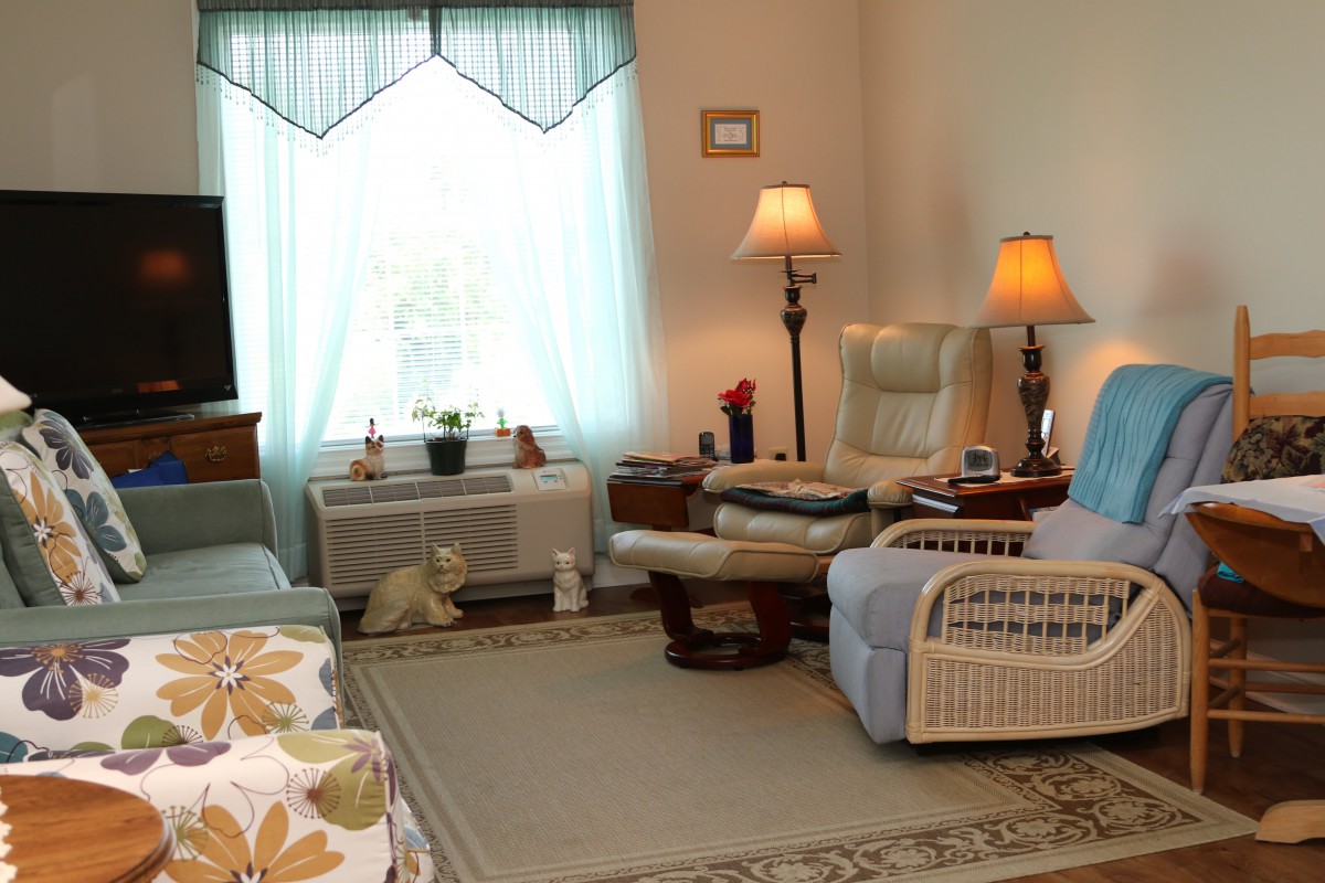 A cozy living room with a sofa, chairs, lamps, and a large window.