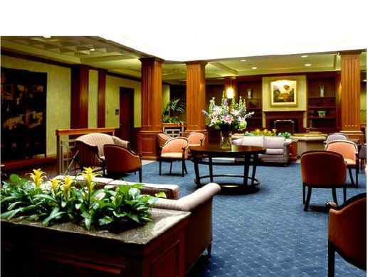 A well-furnished lobby with comfortable seating and decorative plants.