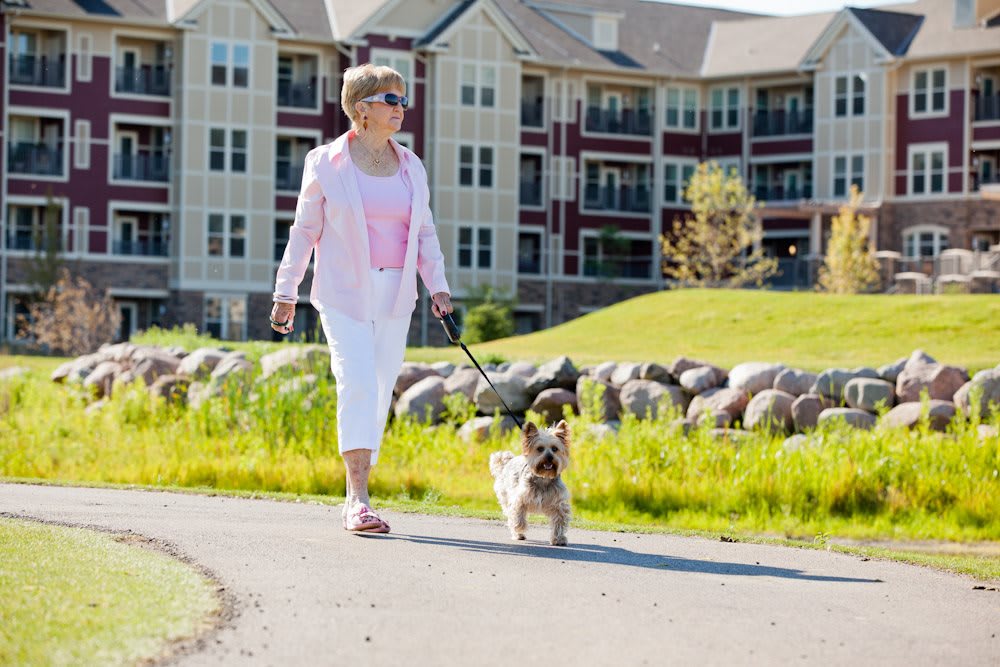 A woman enjoys a sunny day walking her dog along a pathway in a residential area.