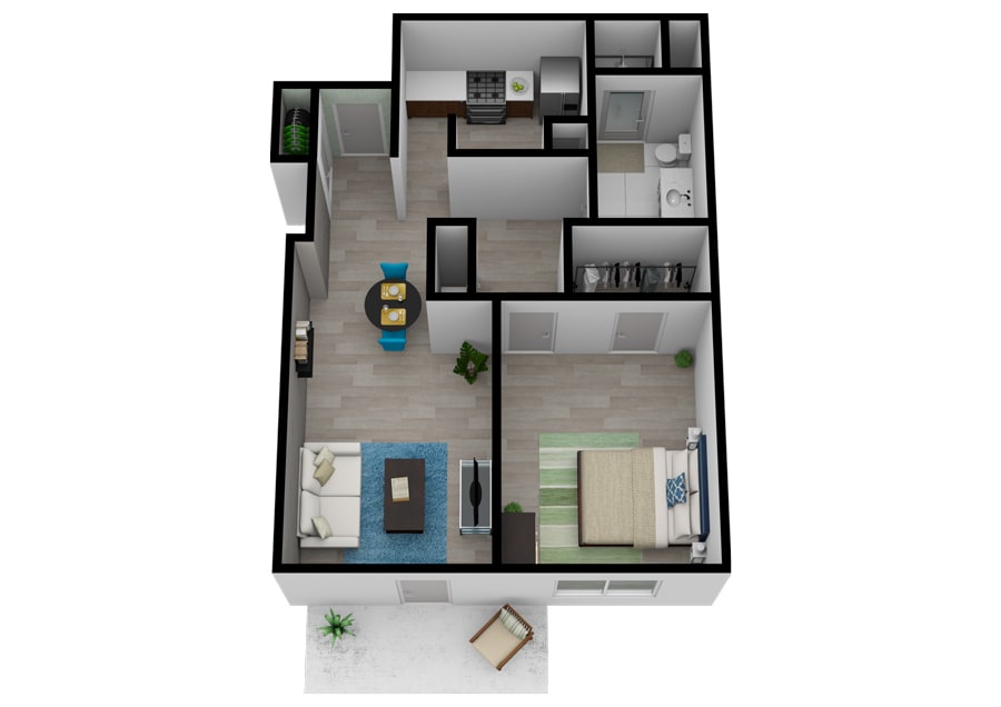 A 3D floor plan of a modern one-bedroom apartment with an open living and dining area.
