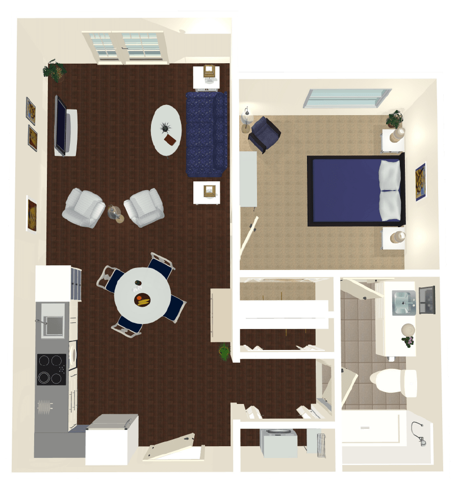 A 3D floor plan of an apartment showing the layout of a bedroom, living room, kitchen, and bathroom.