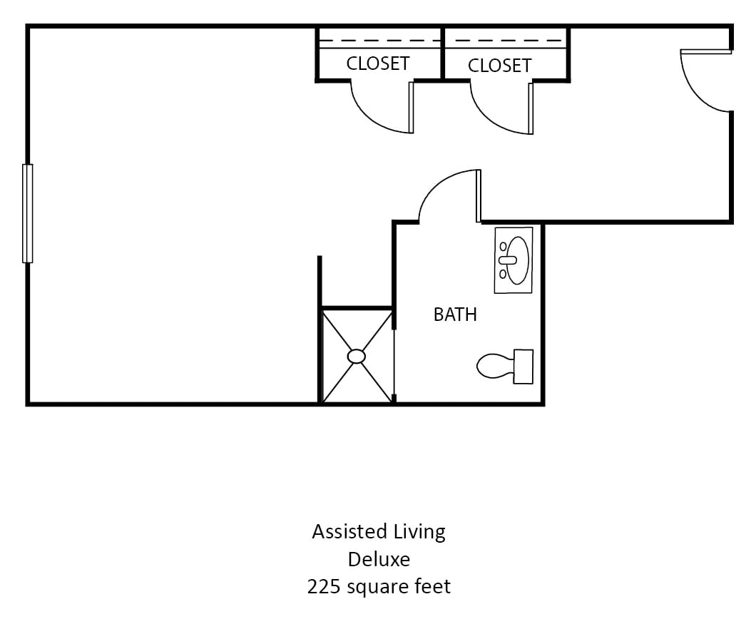 Floor plan of a 225 square foot assisted living deluxe unit featuring a bathroom and two closets.