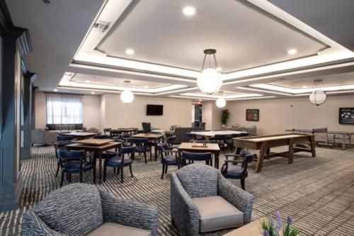 A modern lounge area with comfortable seating and stylish decor.