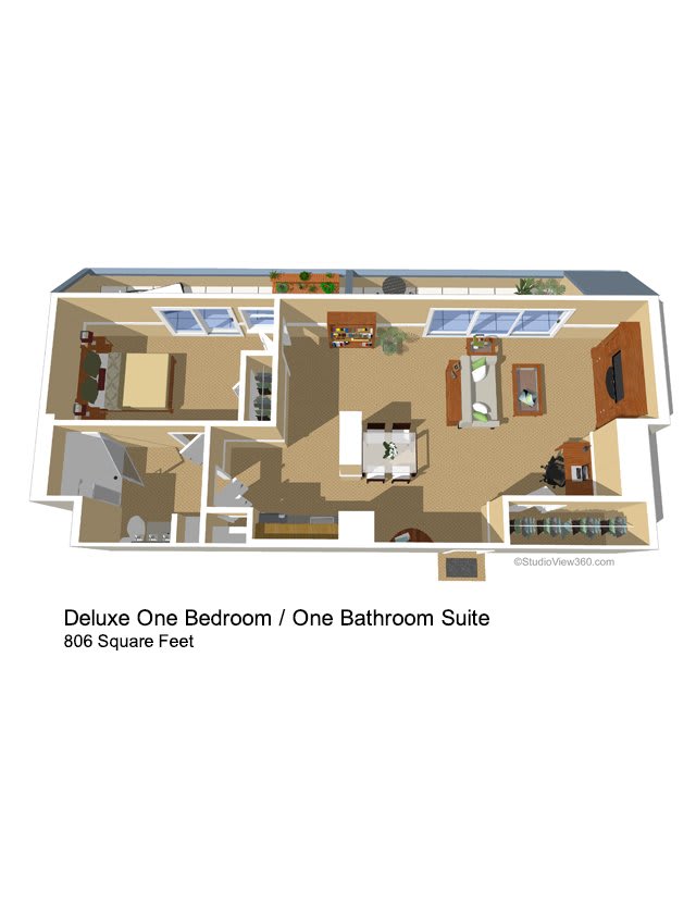 Deluxe one-bedroom, one-bathroom suite floor plan with 806 square feet.