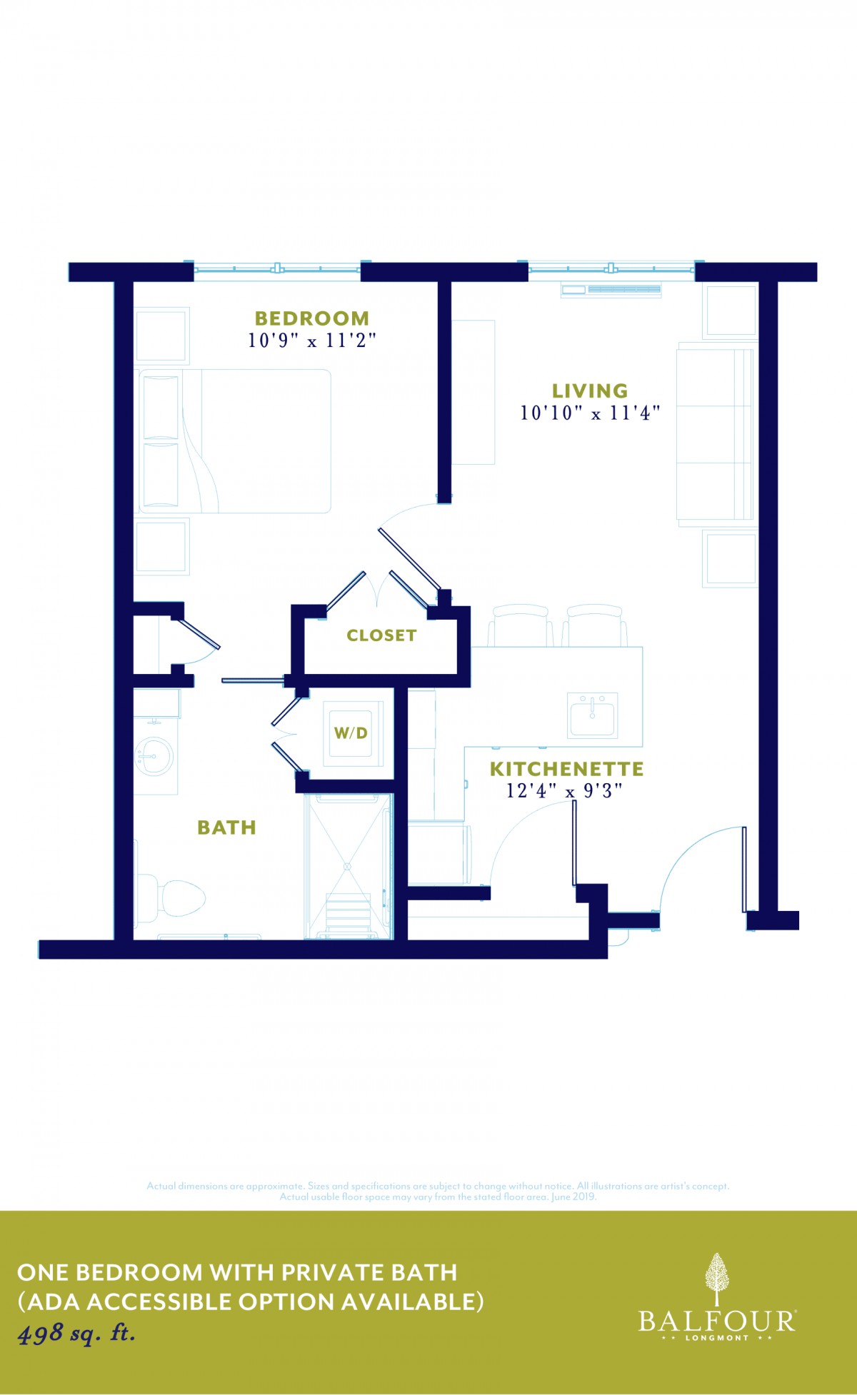 A floor plan showing a one-bedroom apartment layout with room dimensions.