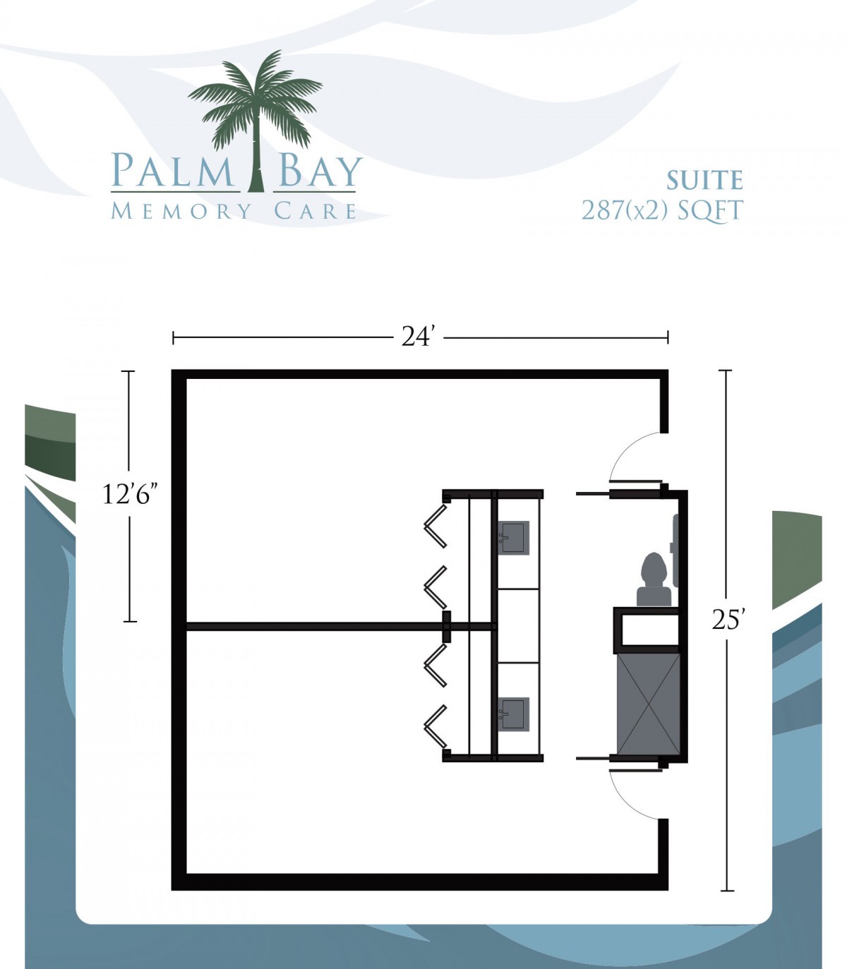 Floor plan of a hotel suite at Palm Bay Resort with dimensions marked.