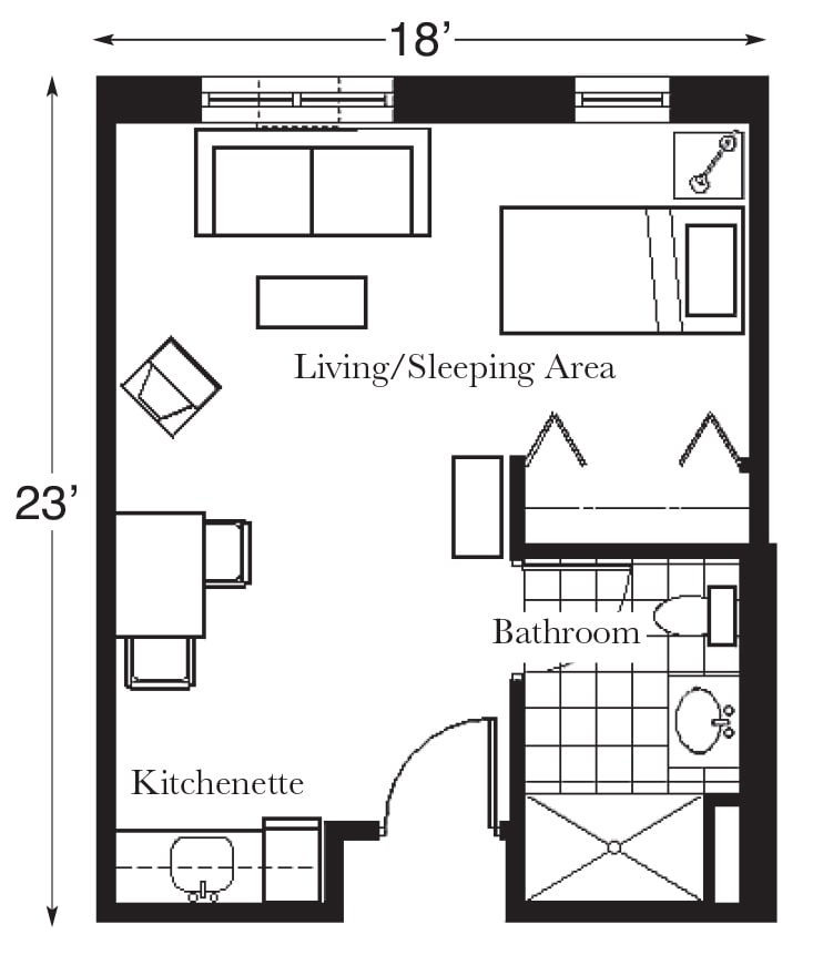 A detailed floor plan of a studio apartment featuring a living/sleeping area, kitchenette, and bathroom.