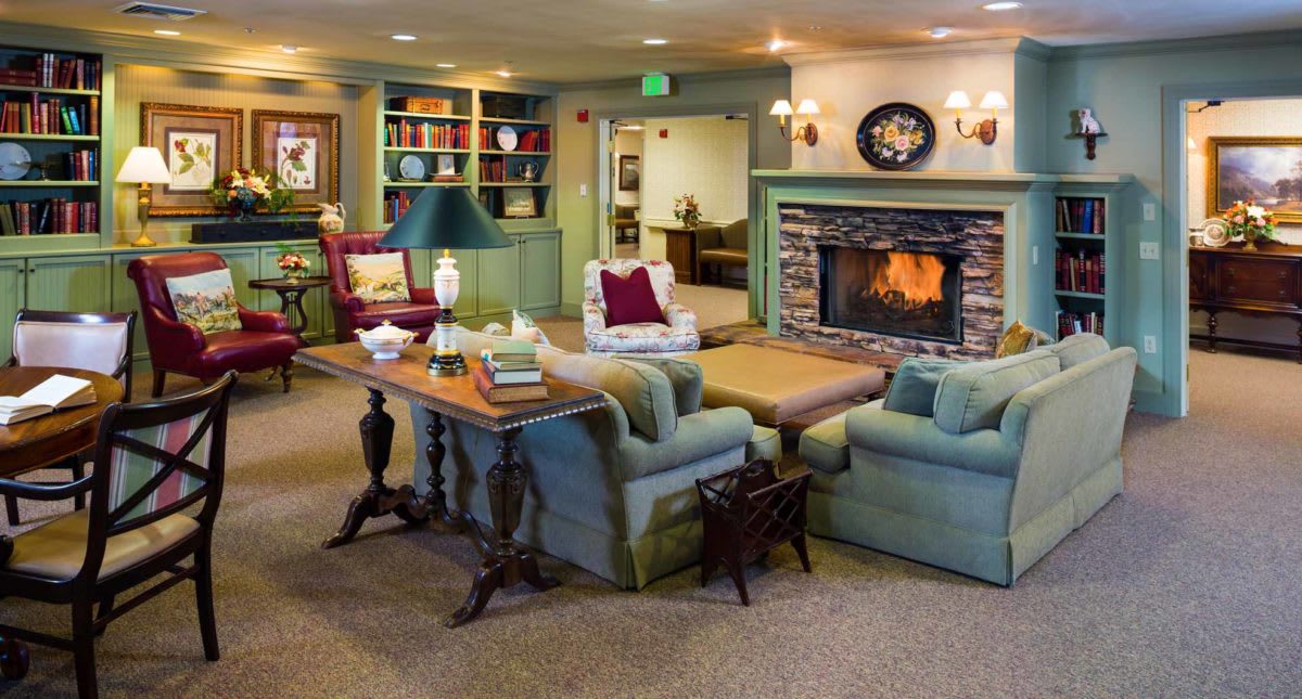 A cozy living room with a warm fireplace and comfortable seating, featuring a bookshelf and inviting decor.