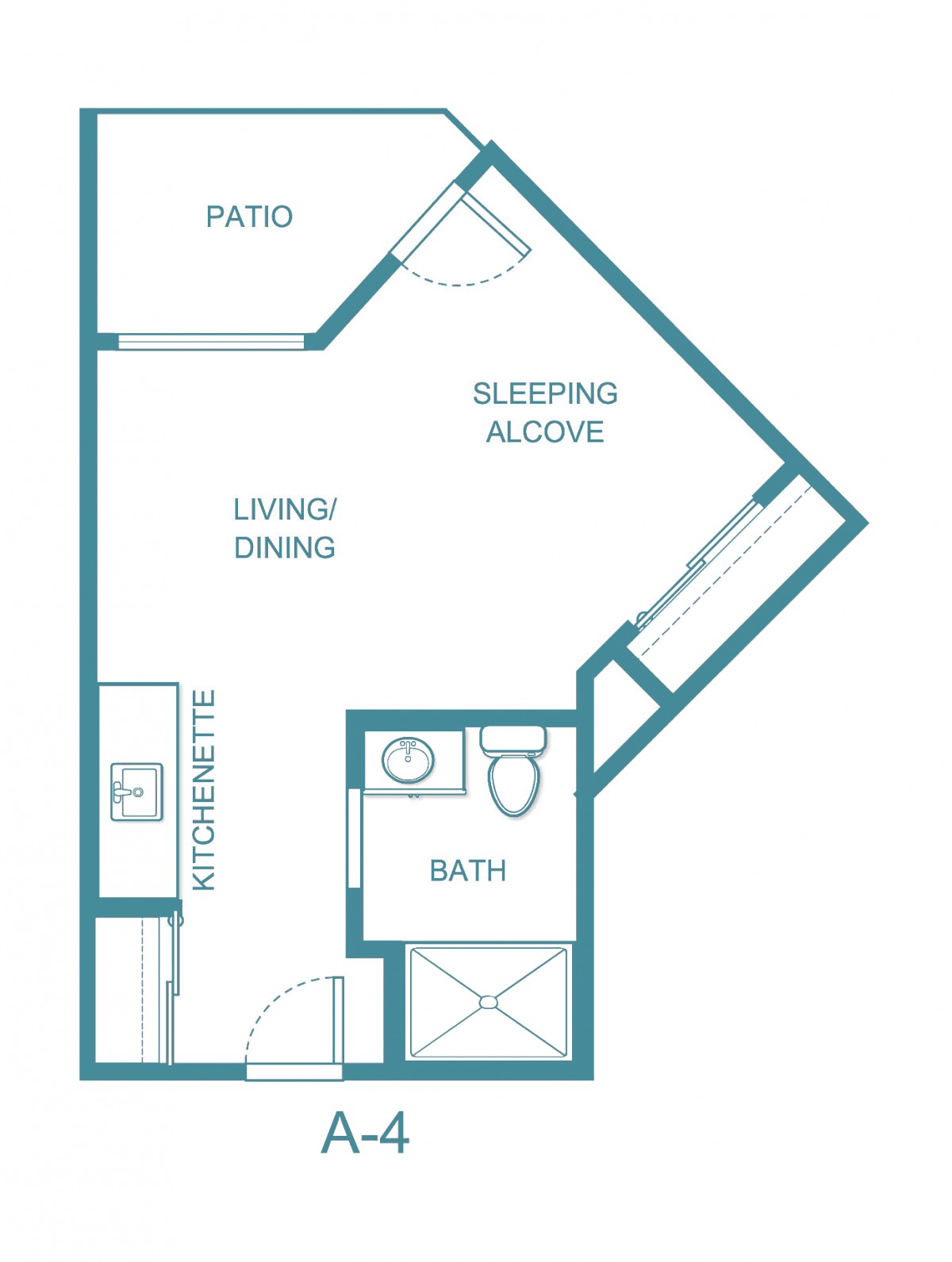 A floor plan of a studio apartment featuring a patio, sleeping alcove, living/dining area, kitchenette, and a bathroom.