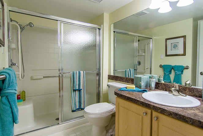 A clean and modern bathroom with a glass shower enclosure, single sink, and large mirror.