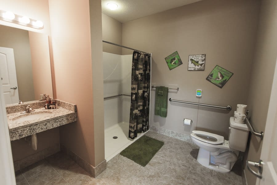 A well-decorated and accessible bathroom with a shower, toilet, and sink.
