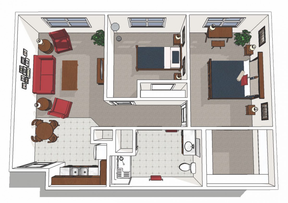 A detailed floor plan of a two-bedroom apartment, featuring a living room, kitchen, and bathroom.