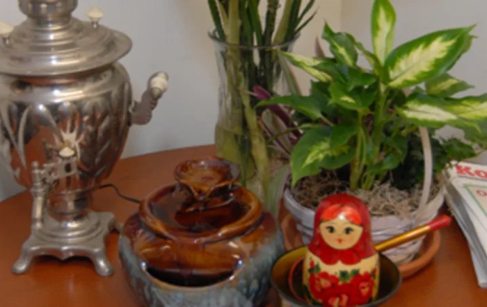 A cozy indoor setting featuring a matryoshka doll, ornamental teapot, and green plants in vases.
