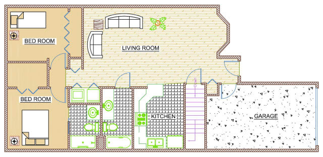 A detailed floor plan showing a living room and kitchen layout.